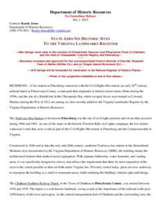 Department of Historic Resources For Immediate Release July 1, 2015 Contact: Randy Jones Department of Historic Resources / 
