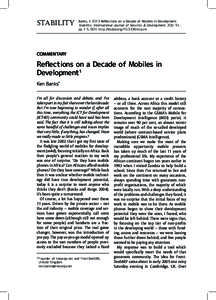 stability  Banks, K 2013 Reflections on a Decade of Mobiles in Development. Stability: International Journal of Security & Development, 2(3): 51, pp. 1-5, DOI: http://dx.doi.org[removed]sta.cm