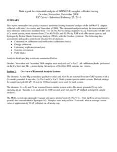 Data report for elemental analysis of IMPROVE samples collected during October, November, December 2008 UC Davis – Submitted February 25, 2010 SUMMARY This report summarizes the quality assurance performed during eleme