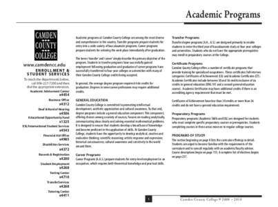 Academic Programs Academic programs at Camden County College are among the most diverse and comprehensive in the country. Transfer programs prepare students for entry into a wide variety of baccalaureate programs. Career
