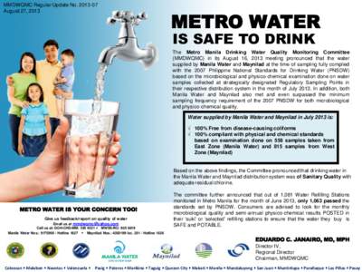 MMDWQMC Regular Update NoAugust 27, 2013 METRO WATER IS SAFE TO DRINK