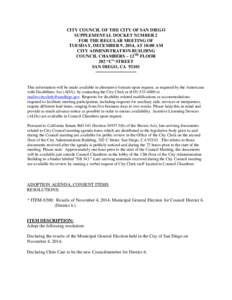 CITY COUNCIL OF THE CITY OF SAN DIEGO SUPPLEMENTAL DOCKET NUMBER 2 FOR THE REGULAR MEETING OF TUESDAY, DECEMBER 9, 2014, AT 10:00 AM CITY ADMINISTRATION BUILDING COUNCIL CHAMBERS – 12TH FLOOR