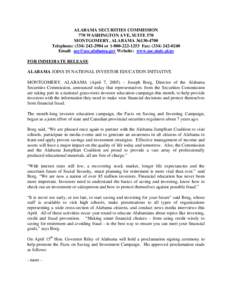 ALABAMA SECURITIES COMMISSION 770 WASHINGTON AVE, SUITE 570 MONTGOMERY, ALABAMA[removed]Telephone: ([removed]or[removed]Fax: ([removed]Email: [removed] Website: www.asc.state.al.us FOR IMMED