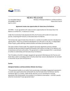 NEWS RELEASE For Immediate Release 2013ARR0021[removed]April 10, 2013  Ministry of Aboriginal Relations and Reconciliation