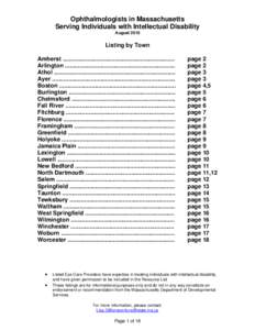 Ophthalmologists in Massachusetts Serving Individuals with Intellectual Disability August 2010 Listing by Town Amherst .....................................................................