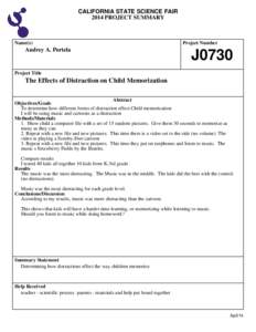 CALIFORNIA STATE SCIENCE FAIR 2014 PROJECT SUMMARY Name(s)  Audrey A. Portela