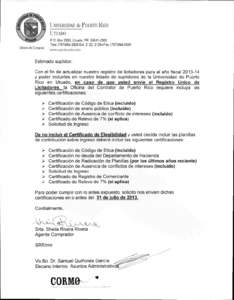 UNIVERSIDAD de PUERTO RICO UTUADO Oficina de Compras P.O. Box 2500, Utuado, PR[removed]Tels: ([removed]Ext. 2122, 2129 < Fax: ([removed]