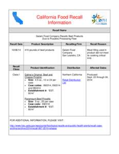 California Food Recall Information Recall Name Galant Food Company Recalls Beef Products Due to Possible Processing Flaw Recall Date