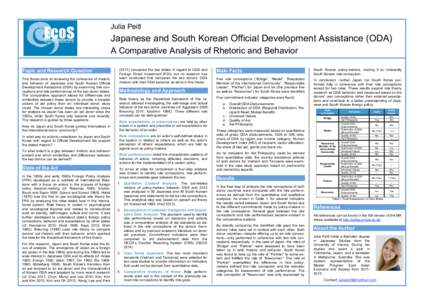 Julia Peitl  Japanese and South Korean Official Development Assistance (ODA) A Comparative Analysis of Rhetoric and Behavior Topic and Research Question This thesis aims at reviewing the coherence of rhetoric