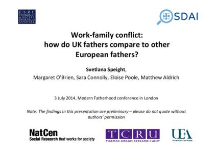 Work‐family conflict:  how do UK fathers compare to other  European fathers? Svetlana Speight, Margaret O’Brien, Sara Connolly, Eloise Poole, Matthew Aldrich