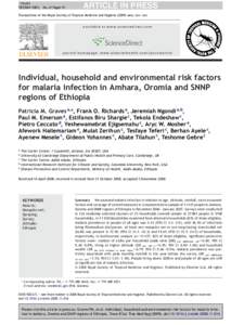 Individual, household and environmental risk factors for malaria infection in Amhara, Oromia and SNNP regions of Ethiopia