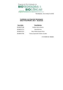 Florianópolis, 16 de março deCandidatos com Inscrição Homologada Edital N°06/PPGBTCDoutorado  Inscrição