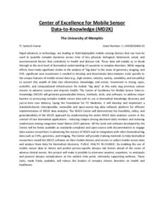 Center of Excellence for Mobile Sensor Data-to-Knowledge (MD2K) The University of Memphis PI: Santosh Kumar  Grant Number: 1-U54EB020404-01