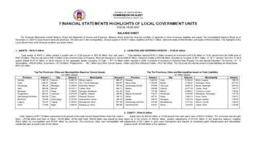 Financial Statements Highlights of Local Government Units - for Fiscal Year 2007