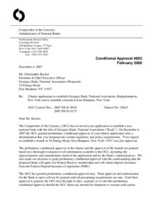 O Comptroller of the Currency Administrator of National Banks Northeastern District Office Licensing Division 340 Madison Avenue, 5th Floor