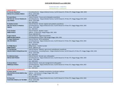 CHCR & RIR SPECIALISTS as at JUNE 2014 Resident Specialists – shaded blue Visiting Specialists – shaded green ANAESTHETISTS Dr Hossam Abouelnasr