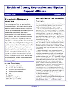 Rockland County Depression and Bipolar Support Alliance Volume 1, Issue 3 September, 2014