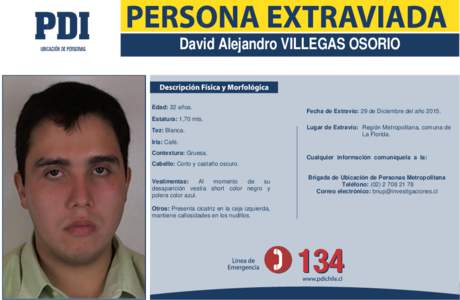 David Alejandro VILLEGAS OSORIO  Edad: 22 años. Fecha de Extravío: 29 de Diciembre del año 2015.