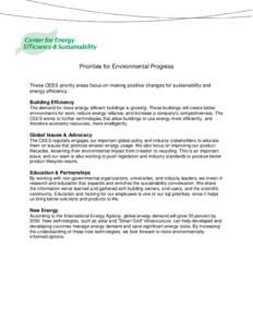 Priorities for Environmental Progress These CEES priority areas focus on making positive changes for sustainability and energy efficiency. Building Efficiency The demand for more energy efficient buildings is growing. Th