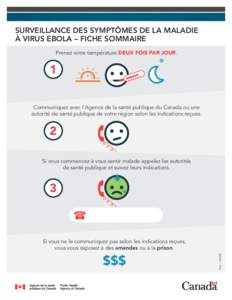 SURVEILLANCE DES SYMPTÔMES DE LA MALADIE À VIRUS EBOLA – FICHE SOMMAIRE Prenez votre température DEUX FOIS PAR JOUR. 1 Communiquez avec l’Agence de la santé publique du Canada ou une