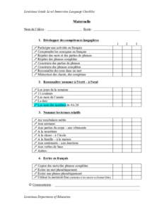 Louisiana Grade Level Immersion Language Checklist  Maternelle Nom de l’élève :  Ecole :