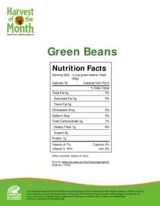 Green Beans Nutrition Facts Serving Size: ½ cup green beans, fresh (50g) Calories 16 Calories from Fat 0