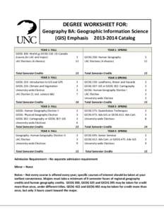 DEGREE WORKSHEET FOR: Geography BA: Geographic Information Science (GIS) Emphasis[removed]Catalog YEAR 1- FALL GEOG 100: World or GEOG 110: US-Canada (counts for LAC and major)