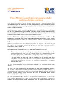 Solar Trade Association Press Release 19th August 2014 Prime Minister: growth in solar opportunity for sector and wider economy