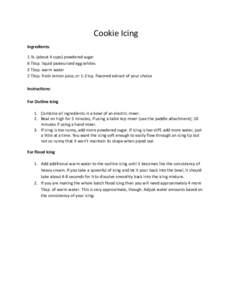 Cookie Icing Ingredients: 1 lb. (about 4 cups) powdered sugar 6 Tbsp. liquid pasteurized egg whites 2 Tbsp. warm water 2 Tbsp. fresh lemon juice, or 1-2 tsp. flavored extract of your choice