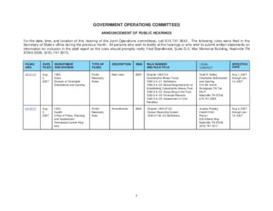 GOVERNMENT OPERATIONS COMMITTEES ANNOUNCEMENT OF PUBLIC HEARINGS For the date, time, and location of this hearing of the Joint Operations committees, call[removed]The following rules were filed in the Secretary of 