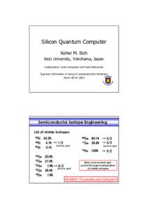 Silicon Quantum Computer Kohei M. Itoh Keio University, Yokohama, Japan Collaborators: Yoshi Yamamoto and Yoshi Matsumoto Quantum Information in Group IV Semiconductors Workshop March 28-29, 2003