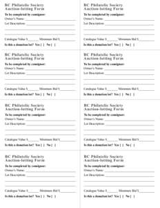 BC Philatelic Society Auction-lotting Form BC Philatelic Society Auction-lotting Form