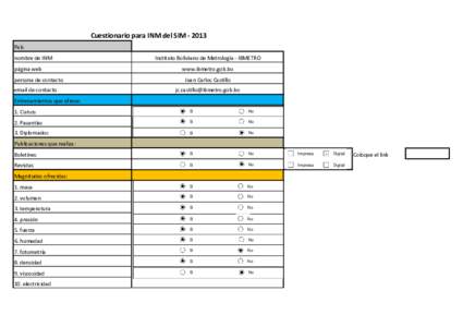 Cuestionario para INM del SIM ‐ 2013 País nombre de INM página web persona de contacto email de contacto