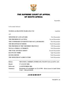 THE SUPREME COURT OF APPEAL OF SOUTH AFRICA Reportable In the matter between : NICHOLAAS HLOYIWE MAHLANGU NO