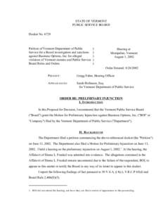 STATE OF VERMONT PUBLIC SERVICE BOARD Docket No[removed]Petition of Vermont Department of Public Service for a Board investigation and sanctions