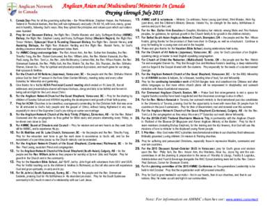 Anglican Asian and Multicultural Ministries In Canada Praying through JulyCanada Day–Pray for all the governing authorities – the Prime Minister, Stephen Harper, the Parliament, 2.