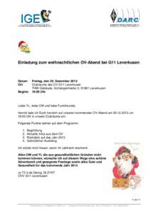 Einladung zum weihnachtlichen OV-Abend bei G11 Leverkusen  Datum: Ort:  Freitag, den 20. Dezember 2013