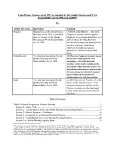 United States Housing Act of 1937 as Amended by the Quality Housing and Work Responsibility Act of 1998 as of[removed]Key Text in this style... represents: Regular Original text of the United States