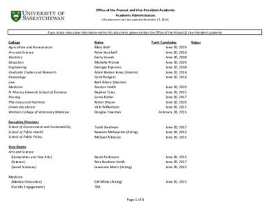 Office of the Provost and Vice-President Academic Academic Administrators (this document was last updated November 17, 2014) If you notice inaccurate information within this document, please contact the Office of the Pro