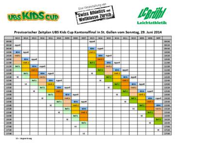 Provisorischer Zeitplan UBS Kids Cup Kantonalfinal in St. Gallen vom Sonntag, 29. Juni 2014 M15 M14  M13