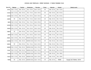 CAYUGA LAKE TRIATHLON - SPRINT DISTANCE - 17 WEEK TRAINING PLAN  	
     	
  