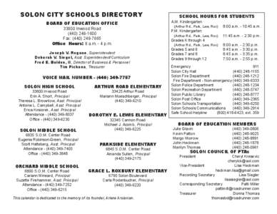 SOLON CITY SCHOOLS DIRECTORY BOARD OF EDUCATION OFFICE[removed]Inwood Road