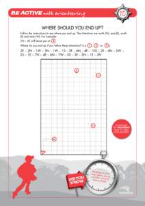 10 WHERE SHOULD YOU END UP ? Follow the instructions to see where you end up. The directions are north (N), east (E), south (S) and west (W). For example: 3N – 2E will leave you at 4 Where do you end up if you follow t