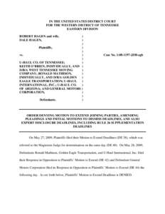 IN THE UNITED STATES DISTRICT COURT FOR THE WESTERN DISTRICT OF TENNESSEE EASTERN DIVISION ROBERT HAGEN and wife, DALE HAGEN,