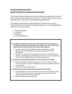 Tourism Vancouver Island Board of Directors Competency Framework The following framework identifies the net mix of essential and desirable skills that form the basis of the TVI Board of Directors. For the 2014 – 2015 y