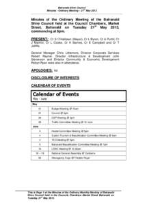 Balranald Shire Council st Minutes - Ordinary Meeting – 21 May 2013 ………………………………………………………………………………………………..…  Minutes of the Ordinary Meeting of 