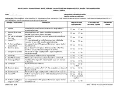 North Carolina Division of Public Health Guidance: Personal Protective Equipment (PPE) in Hospital Ebola Isolation Units Donning Checklist Date: ____/____/______ Designated Site Monitor Name: ____________________________