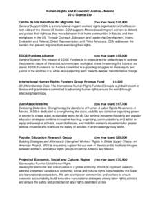 Human Rights and Economic Justice - Mexico 2013 Grants List Centro de los Derechos del Migrante, Inc. (Two Year Grant) $70,000