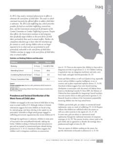 In 2012, Iraq made a minimal advancement in efforts to eliminate the worst forms of child labor. The extent to which continued insecurity has affected efforts to address child labor is unknown. The 2012 anti-trafficking 