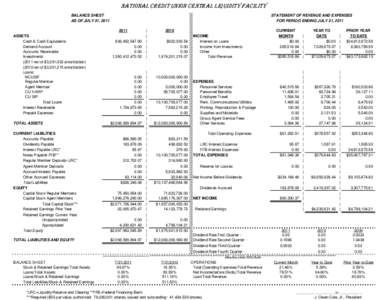 NATIONAL CREDIT UNION CENTRAL LIQUIDITY FACILITY BALANCE SHEET AS OF JULY 31, 2011 STATEMENT OF REVENUE AND EXPENSES FOR PERIOD ENDING JULY 31, 2011